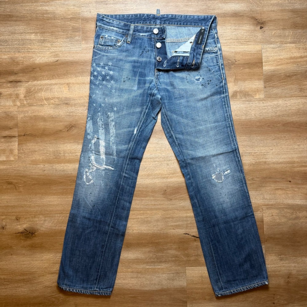 Dsquared2 Jeans Mens 44 Blue Distressed Star Graphic Paint Splatter Made Italy